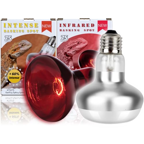 ReptiKing Reptile Heat Lamp, 2 Pack 75W Intense and Infrared Basking Bulbs Light for Reptiles, UVA Daylight Night Red Basking Light for Bearded Dragon, Lizard, Gecko,Reptile Heat Bulb