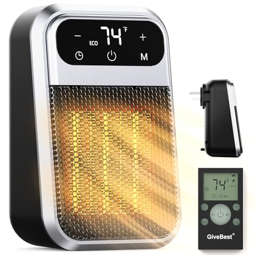 GiveBest 800W Wall Outlet Space Heater with Remote,LED Display Small Plug in Electric Heater with Adjustable Thermostat and Timer for rv and Home Office Bathroom Indoor Use