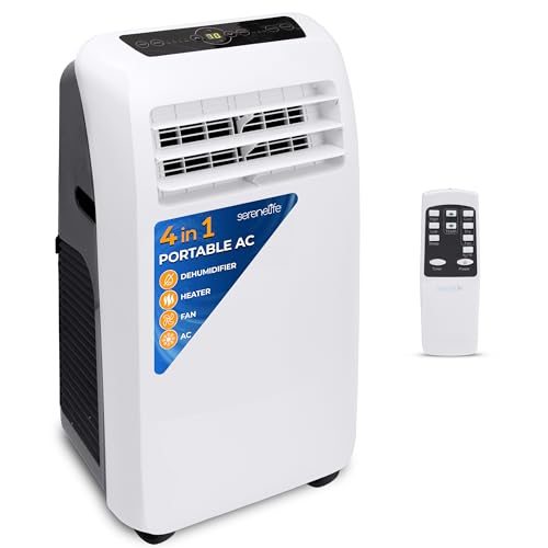 SereneLife Small Air Conditioner Portable 10,000 BTU with Built-in Dehumidifier + Heat - Portable AC unit for rooms up to 450 sq ft - Remote Control, Window Mount Exhaust Kit