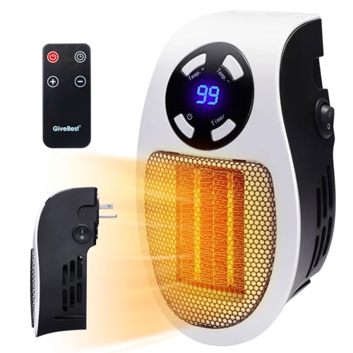 GiveBest Programmable Space Heater with LED Display, Remote Wall Outlet Electric Heater with Thermostat and Timer for Home Office Bathroom Indoor Use, Small Plug in 450 Watt Heater, ETL Listed