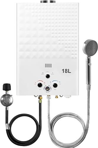 18L Tankless Water Heater Propane Gas, Portable 4.74 GPM GasHot Water Heater Instant with Digital Display and Overheat Protection, White RV 18L on Demand Water Heater for Camping Trips Boat Cabin