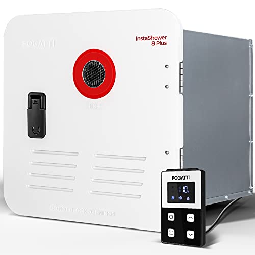 FOGATTI RV Tankless Water Heater, InstaShower 8 Plus, Gen 2, with 15 x 15 inches White Door and Remote Controller, DC 12V, Best High Altitude Performance, Ideal for RVers' Everyday Use