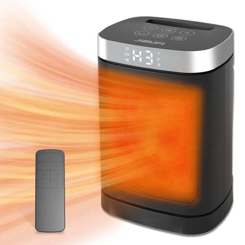 Small Portable Space Heater for Indoor Use - with 70°Rotating Feature, JIBUFI 1500W PTC Electric Heater, Rapid and Safe Heating, Remote Control, 1-12 Hr Timer for Bedroom, Office