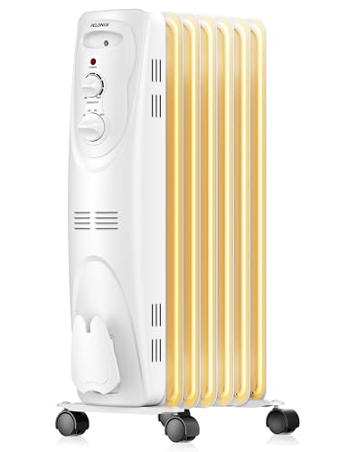 PELONIS Oil Filled Radiator Heater for indoor use Large Room Safe with Thermostat, 1500W Energy Efficient Quiet Space Heater, 3 Heat Settings, Overheat & Tip-Over, White