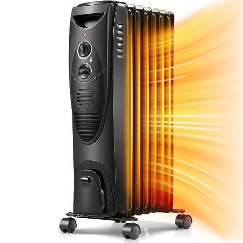 Kismile Portable Electric Radiator Heater, Oil Filled with 3 Heat Settings, Adjustable Thermostat, Overheat & Tip-Over Protection For Indoor Use, 1500W (Black)