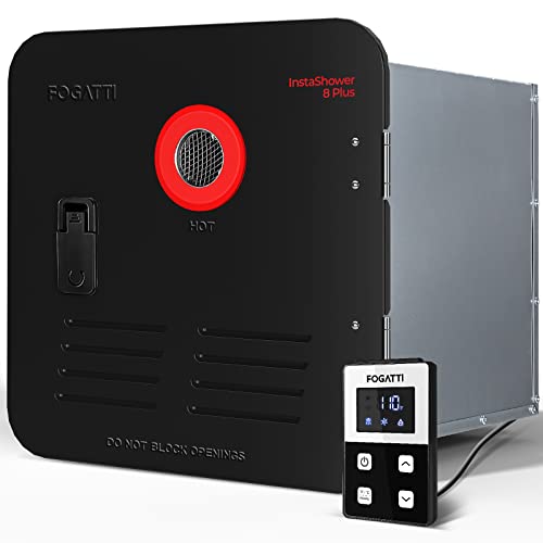 FOGATTI RV Tankless Water Heater, InstaShower 8 Plus, Gen 2, with 15 x 15 inches Black Door and Remote Controller, DC 12V, Best High Altitude Performance, Ideal for RVers' Everyday Use