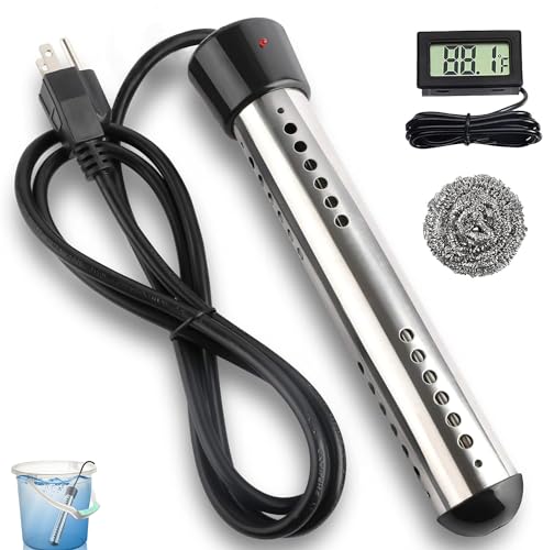 2000W Immersion Water Heater with 304 SS Guard Fast Heats up 5 gallons Water in Minutes, Portable Bucket Water Heater with LCD Thermometer, Submersible Water Heater for Bathtub Swimming Pools, Black