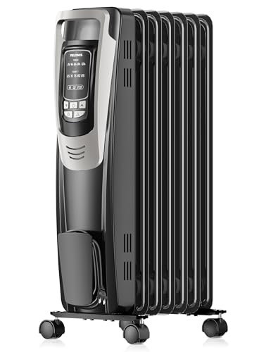 PELONIS Radiator Heater for indoor use Large Room with Remote, Thermostat & LED Display, Quiet Oil Filled Heater with 5 Temperature Settings, Overheat & Tip-Over Protection, Silver