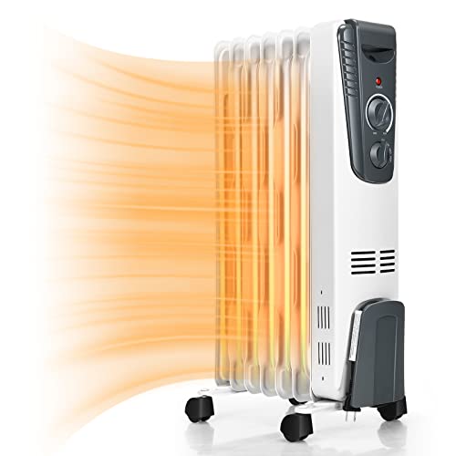 TANGKULA Electric Oil Heater, 1500W Oil Filled Radiator Heater w/Tip-over and Overheating Protection, Portable Radiant Heater with Adjustable Thermostat, 3 Heating Modes for Home Office