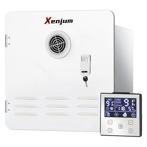 Xenjum RV Tankless Water Heater, 65,000 BTU Instant RV Hot Water Heater with Showerhead Kit, 12V Camper Water Heater Propane with Double Water Outlet & Remote Controller