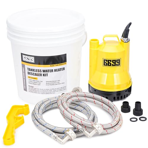 6699 Tankless Water Heater Flushing Kit Includes 1/4HP Submersible Water Pump with Adapters 3 Gallons Pail with Bucket Lid Opener and 2pcs 6’ x 3/4” NPT Stainless Steel Braided Hose Easy to Use