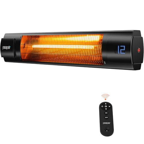 Pasapair Electric Patio Heater - Infrared Indoor Heater 9H Timer with Remote Control - 12 Heat Levels Wall Mounted Outdoor Heater for Patio Garage - IP55 ETL Certified