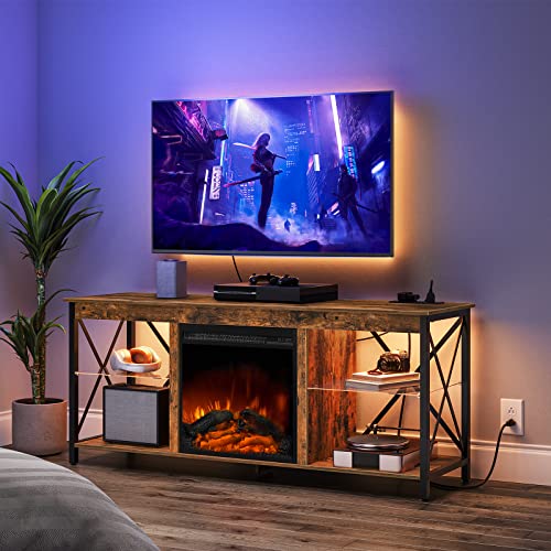 HOOBRO Fireplace TV Stand with Led Lights and Power Outlets, Wooden Media Entertainment Center Console Table with Glass Shelves, Fireplace TV Console for TVs up to 65