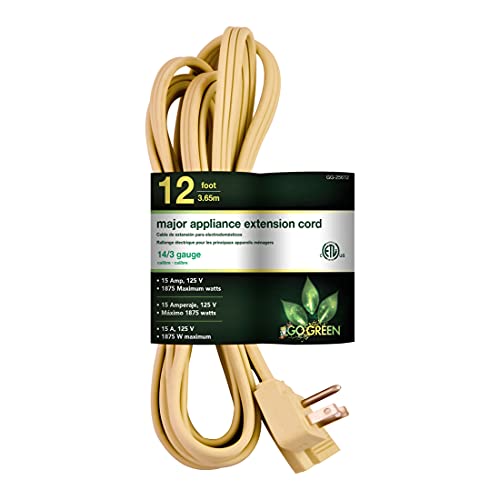 Go Green Power Inc. 12ft Appliance Cord, Beige - 14/3 SPT, Heavy Duty, Grounded Plug, Kink-Free, Ideal for Large Indoor Appliances