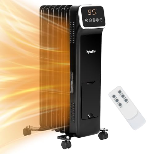 Hykolity Oil Filled Radiator Heater with Remote, 1500W Electric Space Heater with 24H Timer & Adjustable Thermostat, Digital Display, Overheat & Tip-Over Protection for Indoor use, Black