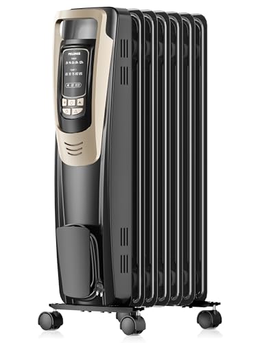 PELONIS Champagne Oil Filled Radiator Heater with Remote and Thermostat, 5 Temperature Settings for indoor use Large Room, Energy Efficient Electric Space heater with Safety Features