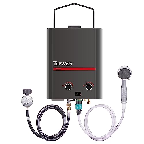 TOPWISH Portable Tankless Water Heater Propane, 5L 1.45 GPM Outdoor Gas Propane Water Heater, Instant Water Heater with Handle for RV, Camping, Barns, Trips Boat Cabins, Black