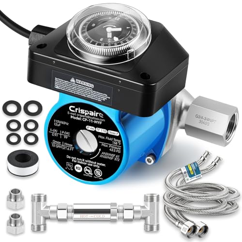 Crispaire Instant Hot Water Recirculating Pump Kit with 304 Stainless Steel Bypass Valve for Tank Water Heaters Includes All Installation Components, And 20-Inch PEX Supply Lines for Potable Water