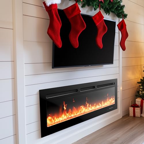 Silonn 50″Smart Electric Fireplace Heater with App & Remote Control, 5300 BTU Heat Output, Ultra-Slim Wall-Mounted or Recessed Electric Fireplace Inserts with Timer, 20 Flame Colors,Alexa/WiFi Enabled