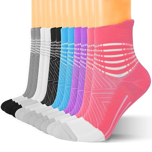 IRAMY Compression Ankle Support Running Socks Women Coolmax Wicking 6 Pairs Quarter Athletic Cushioned Plantar Fasciitis Socks