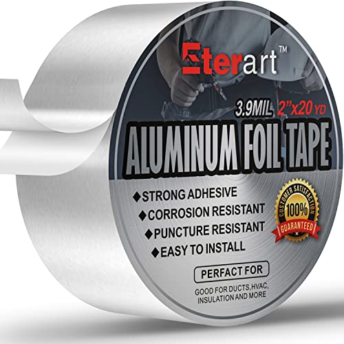 ETERART Aluminum Foil Duct Tape Heavy Duty,High Temperature Sealing and Patching,for HVAC,Air Ducts,Metal Repair, Foamboard,Insulation,Dryer Vent and More,2 Inch x 20 Yards,Silver