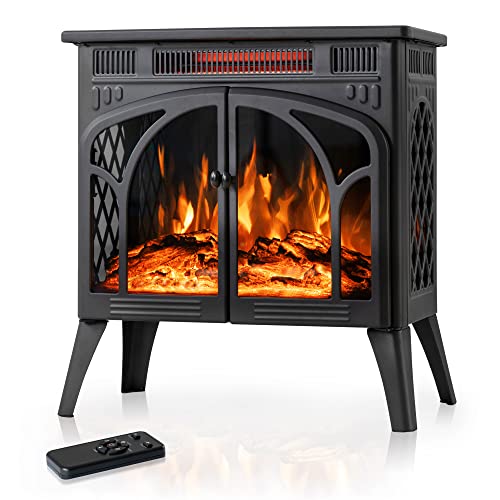 Electactic 24Inch Electric Fireplace Stove , Free-Standing Infrared Fireplace Stove, Controllable 3D Flame, 4 Variable Flame&Log Colors, 1500w, 5100BTU, Black (S230B-BLACK), 23.5