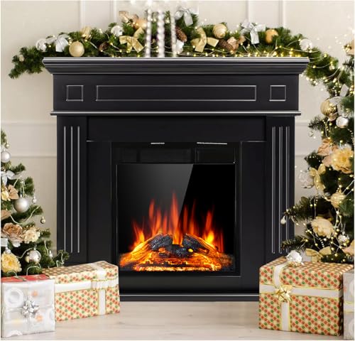 JAMFLY Electric Fireplace Mantel Package Wooden Surround Firebox TV Stand Free Standing Electric Fireplace Heater with Logs, Adjustable Led Flame, Remote Control, 750W-1500W (Black) 1