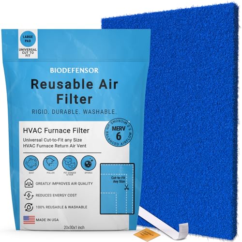 Biodefensor Rigid Reusable Air Filter 20x30x1, Made in USA - Cut to Fit Furnace, Air Conditioner, HVAC - Durable Washable AC Filter, High Airflow Energy-Efficient Includes Prep Pad & Hook Tape, 1-Pack