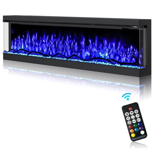 3 Sided Electric Fireplace Inserts, 70 inch Eletric Fire Place Heater, Modern Built in Wall Fireplace with Realistic Led Flame, Remote Control, Log, Crystals, Black