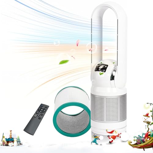 HEATIT Bladeless Fan with Remote and Air Purifier Tower Fan 80° Oscillating with 8 Speeds 8H Timer Air Circulator Fan HEPA Filter with PM 2.5 for Home Bedroom Kitchen and Office White