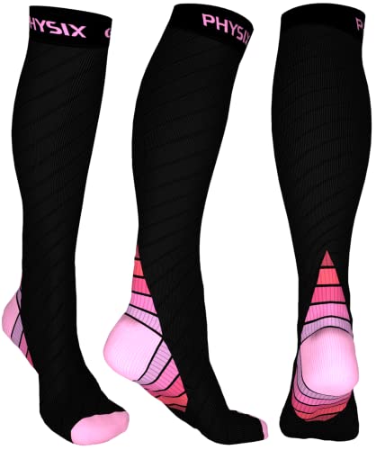 Physix Gear Compression Socks - Best Men & Womens Compression Socks for Circulation, Running, Nurses, Athletic Use Sock Compression, Blood Pressure Socks, Calcetines de Compresion, Black/Pink, L/XL