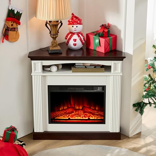 OKYCI Corner Electric Fireplace with Mantel, Corner Fireplace TV Stand with Storage & Bookshelves, Corner Entertainment Center with Fireplace for Living Room,Modern Wave Design, White