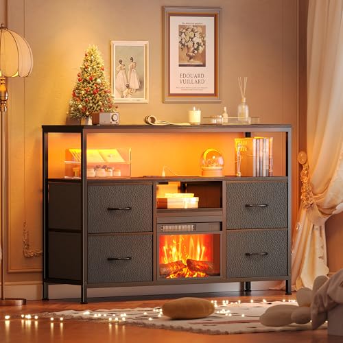 Huuger Fireplace TV Stand with Power Outlets and LED Lights, TV Stand Dresser for 50 43 Inch TV, 4 Drawers Fireplace Entertainment Center with Open Shelves, PU Leather Surface Drawers, Black