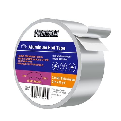 PowerScale Aluminum,Tape 2 inch x (66 Feet 22YD) 3.9 Mil,High Temperature Aluminum Foil Tape,Duct Tape for HVAC, Metal Repair, Cold Air Ductwork,Sealing,Patching,Reflective Foil Tape, Silver