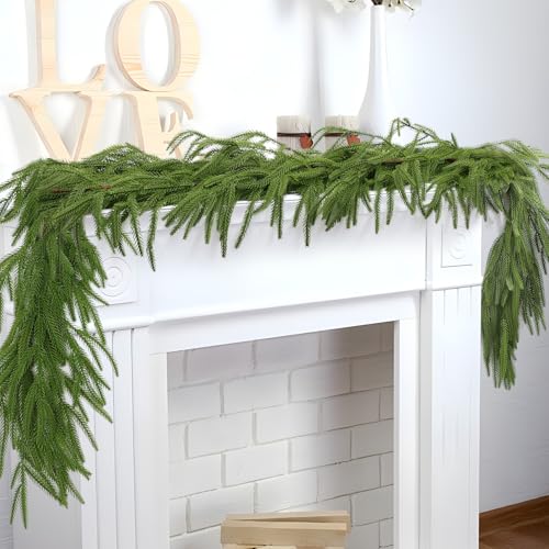 Hananona 2 Pcs Artificial Norfolk Pine Garlands, Real Touch Winter Pine Garland, Green Artificial Greenery Garland for Table, Mantle, Wall, Indoor, Outdoor Christmas Decorations (2, 6 FT)