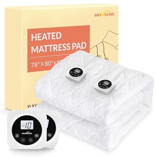 HOMLYNS LuxeHeat Electric Heated Mattress Pad King Size Zoned Dual Control 10 Heat Levels 1-12H Timer,Sherpa,Illuminated Button