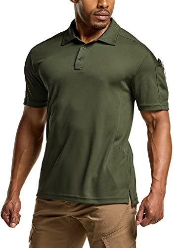 CQR Men's Polo Shirt, Short Sleeve Tactical Shirts, Dry Fit Lightweight Performance Golf Shirts, Outdoor UPF 50+ Pique Shirt, Frost Pro Army Green, X-Large