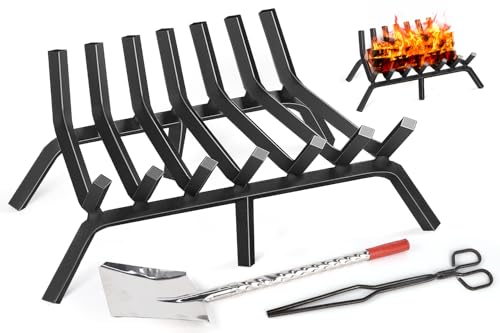 24 Inch Fireplace Grate, 7 Bar Heavy Duty Iron Fireplace Log Grates, Indoor Outdoor Firewood Stove Holder with Fire Tong & Shovel, Chimney Hearth Bar Fire pit Burning Rack for Camping, Courtyard