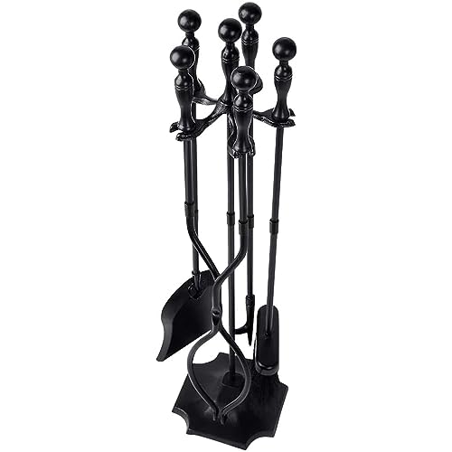 AMAGABELI GARDEN & HOME 5 Pcs Fireplace Tools Sets Black Handle Wrought Iron Large Fire Tool Set and Holder Outdoor Fireset Fire Pit Stand