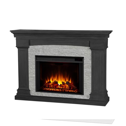 Real Flame Deland Grand Electric Indoor Fireplace with Mantel for Living Room or Bedroom, Replaceable Fireplace Insert Heater, Realistic Log and Flame Effect, Remote Control, Timer, Grey