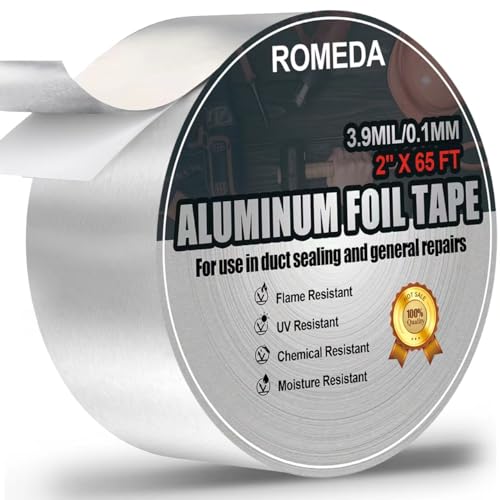 Romeda Aluminum Tape, 2 inch x 65 Feet Foil Tape (3.9 mil), Insulation Adhesive Metal Tape, High Temperature Heavy Duty HVAC Tape, Silver Tape Aluminum Foil Tape for Ductwork, Dryer Vent, HVAC