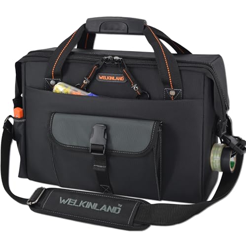 WELKINLAND 15-Pockets Electrician tool box, Large-open Electrical bag, Stand-alone Tech tool bag, Service tool bag, Electrician bags, Electrician tool bag, Electrion tool bag, Maintenance tool bag