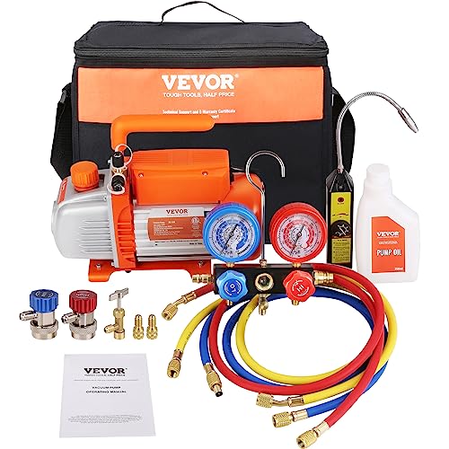 VEVOR 4 CFM Vacuum Pump and Gauge, 1-Stage Rotary Vane Air Vacuum Pump for HVAC/AUTO, AC Refrigerant Manifold Gauge Set, with Leak Detector, Applicable to R22 R134a R410a etc.