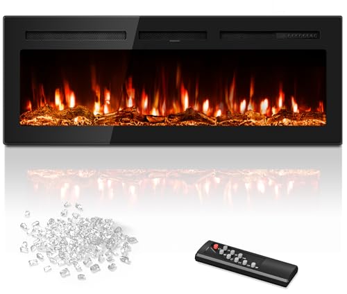 50 inch Electric Fireplace in-Wall Recessed and Wall Mounted with Remote Control, 1500/750W Fireplace Heater (60-99°F Thermostat) with 12 Adjustable Color, Timer, Log and Crystal