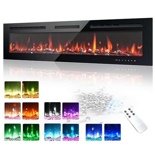 EUHOMY 60 Inch Electric Fireplace Wall Recessed and Wall Mounted with Adjustable Flame Color, Fireplace Heater with Remote Control, Linear Fireplace with Timer, Touch Screen, Log & Crystal, 750/1500W