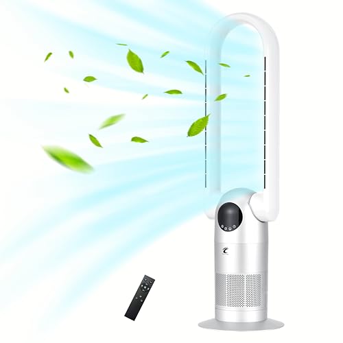 Ocean Loong Bladeless Tower Fan & HEPA Purifier in one, 90° Oscillating Bladeless Fan with Remote Control, Tilt Head, Timer, Floor Fans for Bedroom Home, 39inch, AC68P (Silver)