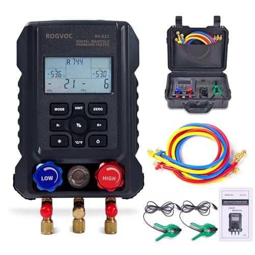 Rogvoc Digital Manifold Gauge, HVAC Refrigerants Digital AC Gauges Set with 2 Thermometer Clamps and 3 Hoses, for R22/R410A/R134A/1234YF Refrigerant Recharge Kit