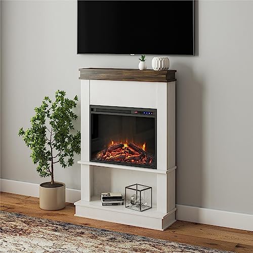 Ameriwood Home Mateo Electric Mantel Fireplace with Open Shelf, Ivory Oak Finish, Eco-Friendly Heating Technology