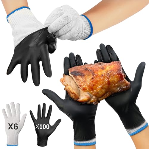 Raxwell BBQ Gloves - Heat Resistant Cooking Gloves, 6 Cotton Liners +100 Disposable Nitrile Grill Gloves, Smoking & Cooking, Hot Food Prep Gloves Large, Barbecue and Smoker Glove