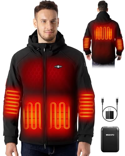 WASOTO Heated Jackets for Men With 16000mAh Battery Pack Included Windproof Water Resistant Mens Heated Jacket with Foldable Hood (Black,L)